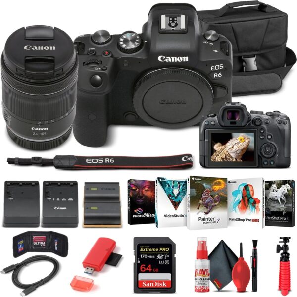 Canon EOS R6 Mirrorless Digital Camera with 24-105mm f/4-7.1 Lens (4082C022), 64GB Memory Card, Case, Corel Photo Software, LPE6 Battery, External Charger, Card Reader + More (Renewed) - For Sale - Price