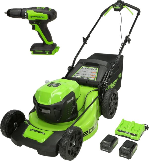 Greenworks 48V (2 x 24V) 20" Brushless Cordless Push Lawn Mower + 24V Brushless Drill / Driver, (2) 4.0Ah USB Batteries (USB Hub) and Dual Port Rapid Charger Included, Price For Sale