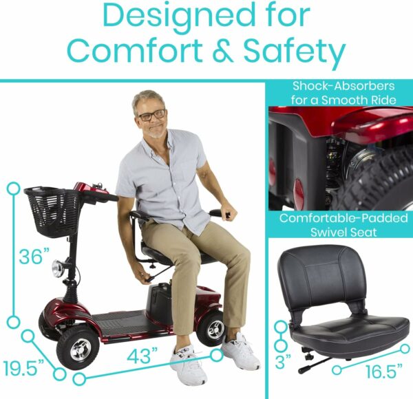 Vive Mobility Scooter (Series A) - 4 Wheel Electric Powered Wheelchair Mobile Device for Adults, Seniors - TSA Approved Wheel Chair, Compact, Travel - Long Range Battery, Shock Absorbing (Red) - For Sale - Price - Image 4