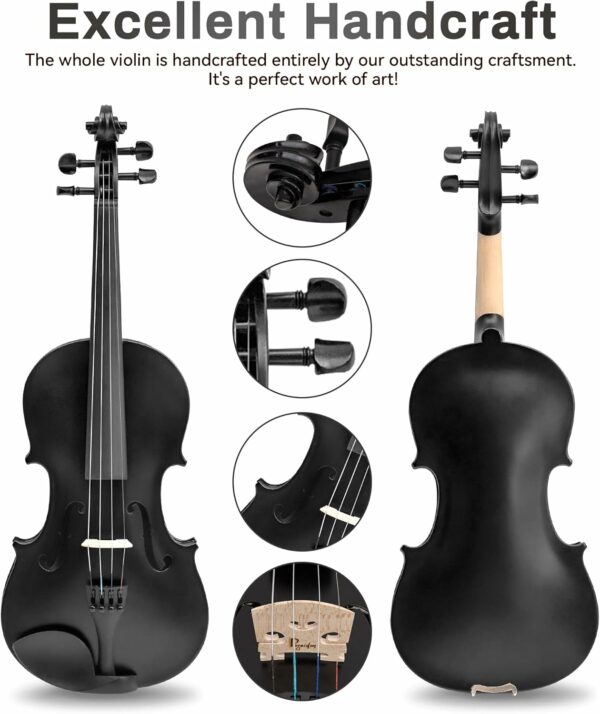 Poseidon Violin for Beginners Kids Adult Beginner Fiddle Kit, Violin 4/4 Student Stringed Musical Instrument w/Case, Two 4/4 Strings, Two Bows, Two Bridges, Two Rosins, Tuner, Manual - Black Polished - For Sale - Price - Image 2