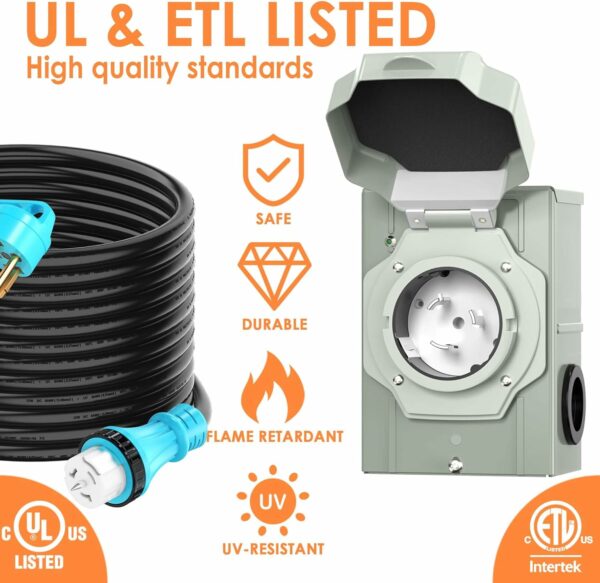 50 Amp 25FT Generator Cord and Power Inlet Box Combo Kit, UL Listed, NEMA 14-50P Male to SS2-50R STW 6/3+8/1 AWG 125/250V Twist Locking with Inlet Box for Generator to House For Sale - Price - Image 3