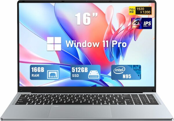 Gaming Laptop, 16 Inch FHD Display (1920 x 1200), N95 Laptop Computer (up to 3.4GHz), 16GB RAM 512GB SSD, Supports 180 Angle Opening, Bluetooth, Backlit Keyboard, Windows 11 Pro - For Sale - Price