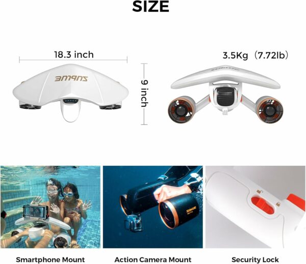 Mix Pro Underwater Scooter with Smartphone/Action Camera Mount Low Battery Alarm 2 Gear Speed 60 Minutes 40M Dual Motors Swimming Pool Diving Snorkeling Water Scooter for Kids Adults (White) - For Sale - Price - Image 3