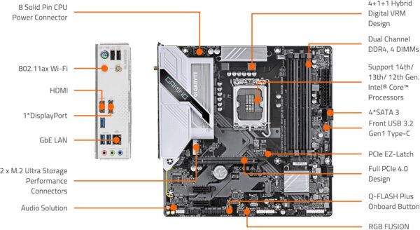 GIGABYTE B760M Gaming Plus WiFi DDR4 LGA 1700 Intel B760 M-ATX Motherboard with DDR4, 2* M.2, PCIe 4.0, Front USB 3.2 Gen 1 Type-C, WiFi 6 GbE LAN, Q-Flash Plus, PCIe EZ-Latch - For Sale - Price - Image 5