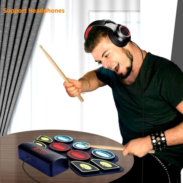 (9 Pads) Electronic Drum Set with Light Up Drumsticks and Stand, Electronic Drum Pad with 5 Different Drum Kit, 10 Unique Rhythms, Bulit-in Double Speakers, Roll Up Drum Kit, Kids Drum Set - For Sale - Price - Image 5