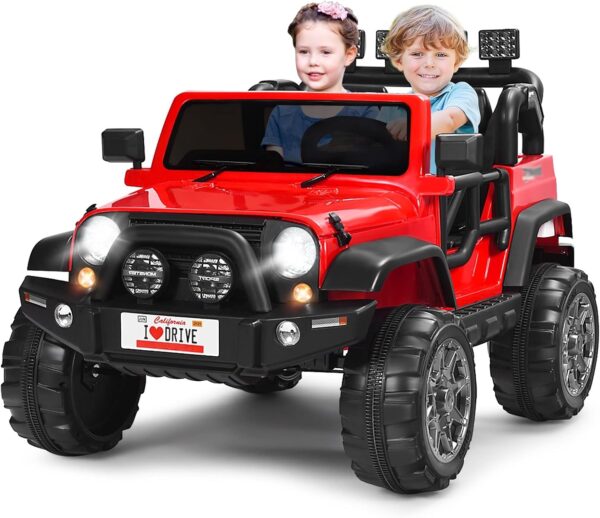 Costzon 2-Seater Ride on Truck, 12V Battery Powered Electric Vehicle Toy w/Remote Control, 3 Speed, LED Lights, MP3, Horn, Music, 2 Doors Open, Spring Suspension, Ride on Car for Kids (Red), Price For Sale