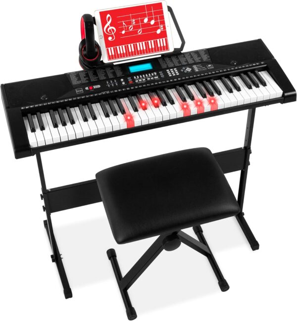 Best Choice Products 61-Key Beginners Complete Electronic Keyboard Piano Set w/Lighted Keys, LCD Screen, Headphones, Stand, Bench, Teaching Modes, Note Stickers, Built-In Speakers - Black - For Sale - Price