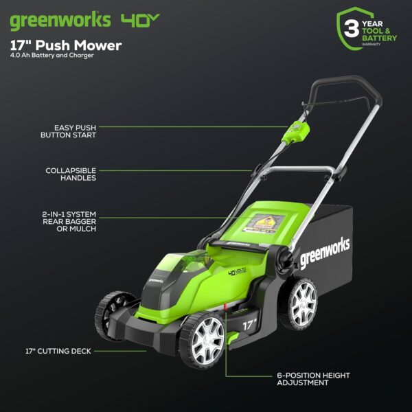 Greenworks 40V 17" Cordless (Push) Lawn Mower (75+ Compatible Tools), 4.0Ah Battery and Charger Included - For Sale - Price - Image 2