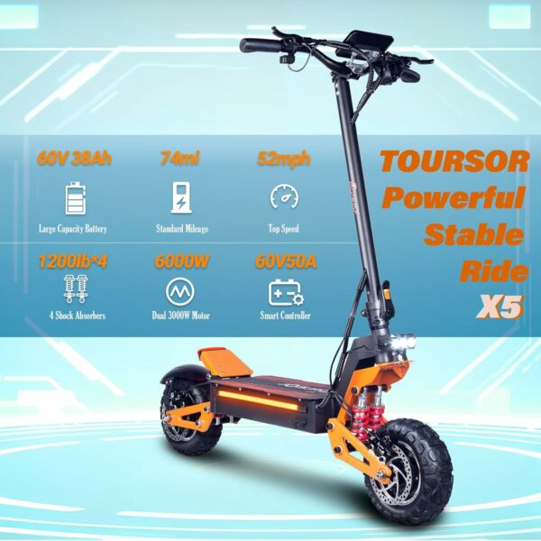 Adult Electric Scooter, 60V 6000W Front and Rear Dual Power, 11” Off-Road Tires for Street Commuting and Extreme Terrain Off-Road, Dual Brake System, Color LED Lights - For Sale - Price - Image 8