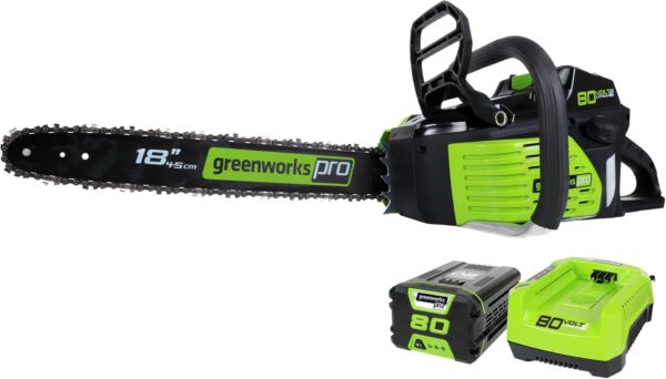 Greenworks 80V 18" Brushless Cordless Chainsaw (Great For Tree Felling, Limbing, Pruning, and Firewood) / 75+ Compatible Tools), 2.0Ah Battery and Rapid Charger Included - For Sale - Price