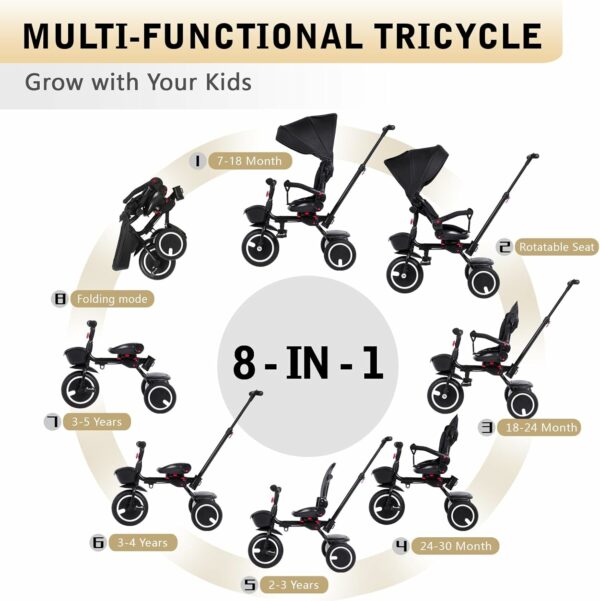 8 In 1 Tricycle for Toddlers 7 Months to 5 Years, Folding Baby Tricycle with Push Handle, Kids Push Trike with Safety Belt, Handrails, Removable Canopy, Storage, Stroller Bike Gift for Toddlers, Black - For Sale - Price - Image 3