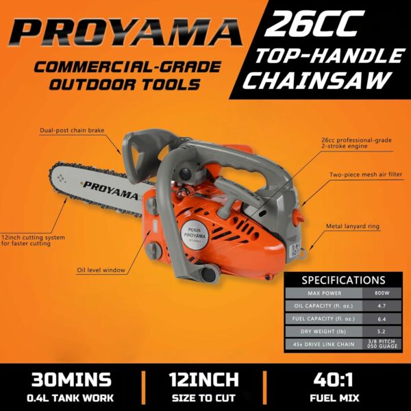 PROYAMA 26CC 2-Cycle Top Handle Gas Powered Chainsaw 12 Inch Petrol Handheld Cordless Chain Saw for Tree Wood Cutting - For Sale - Price - Image 2