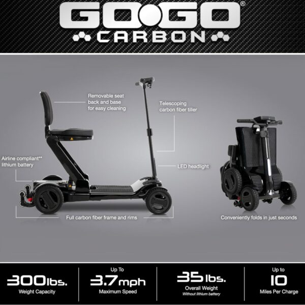 Pride Mobility Go-Go Carbon Travel Lightweight 39 Lbs Foldable Mobility Scooter | up to 3.7 mph Go Go Scooter for Seniors, Adults, Elderly | All Terrain Mobility Transport (Black) - For Sale - Price - Image 5