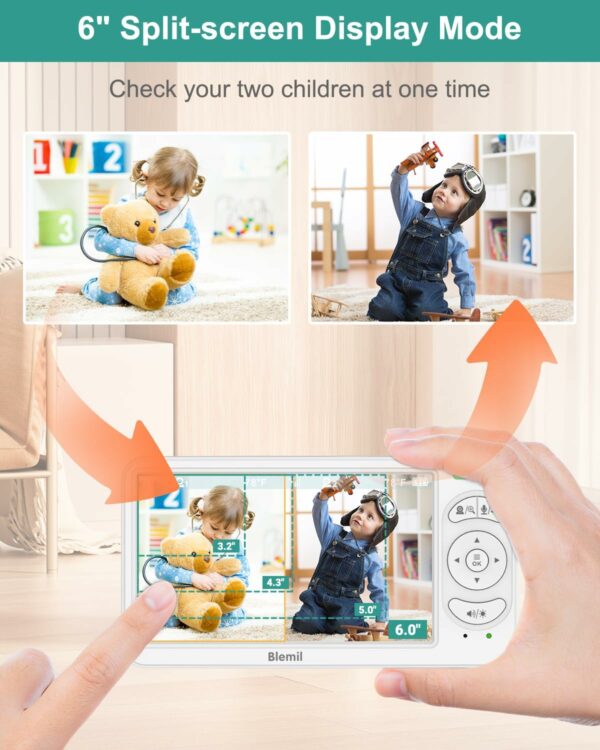 6" Baby Monitor with 2 Cameras and Audio 30 Hours Battery Upgrade Split Screen Video Baby Monitor Remote Pan-Tilt-Zoom 178°Wide-Angle 150 Languages No WiFi ECO 2-Way Talk Night Vision 1000ft Travel - For Sale - Price - Image 2