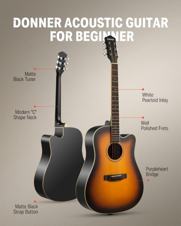 Donner Acoustic Guitar for Beginner Adult Full Size Cutaway Acustica Guitarra Bundle Kit with Free Online Lesson Bag Strap Tuner Capo Pickguard String Pick, Right Hand 41”Sunburst, DAG-1CS/DAD-160CS - For Sale - Price - Image 2