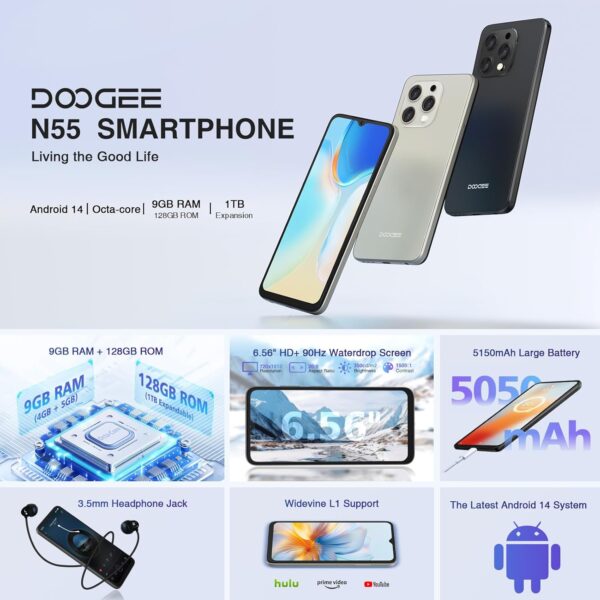 DOOGEE N55 Android 14 Cell Phone(2025), 9GB RAM+128GB ROM/1TB Android Phone, 90Hz+6.56" HD Unlocked Cell Phone, 5150mAh, Octa Core, 13MP+8MP, 4G Dual SIM,Face Unlock,Widevine L1,OTG, T-Mobile(Black) - For Sale - Price - Image 8