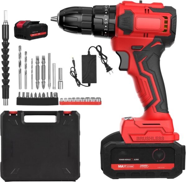 21V Cordless Brushless Impact Drill 3/8in Chuck Heavy Duty Electric Drill Power Screwdriver with 4.0Ah Battery Fast, Bits Sleeves Extension Shaft, LED Work 2-Variable Speed 25+1 Torque, Price For Sale