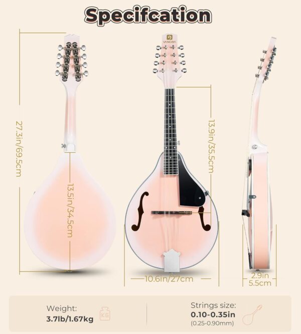 Vangoa Mandolin instrument A Style Mandolin Musical Instrument for Beginners Kids Adults, 8 String Acoustic Mandolin Mahogany Starter Kits, Pink - For Sale - Price - Image 9