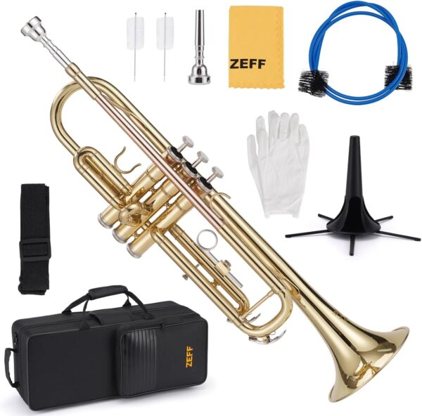 ZEFF Bb Standard Trumpet for Beginners,Trumpet for Student with Hard Case,7C Mouthpiece,Cleaning Cloth,Gloves,Brass Musical Instruments for Kids and Adults - For Sale - Price