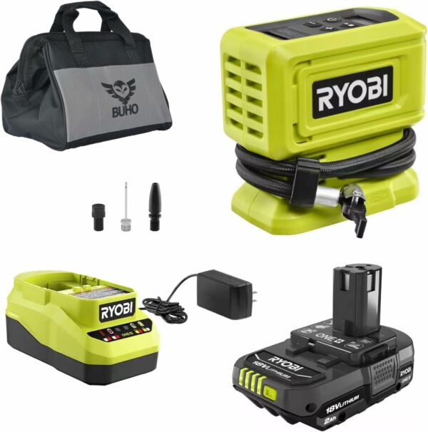 Buho Cordless Inflator Accessory Bundle - Ryobi 18 Volt High Pressure Inflator 2.0 Ah Battery 18V Charger Tool Bag for Tires and Inflatables - For Sale - Price