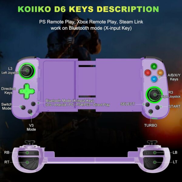 Phone Game Controller for iPhone/Android/PC/Switch, Play COD, Genshin,Support Streaming on PS5/Xbox/PC Console, Cloud Gaming Wireless Gamepad Joystick, Turbo/6-Axis Gyro/Dual Motor, Green Light,Purple - For Sale - Price - Image 8