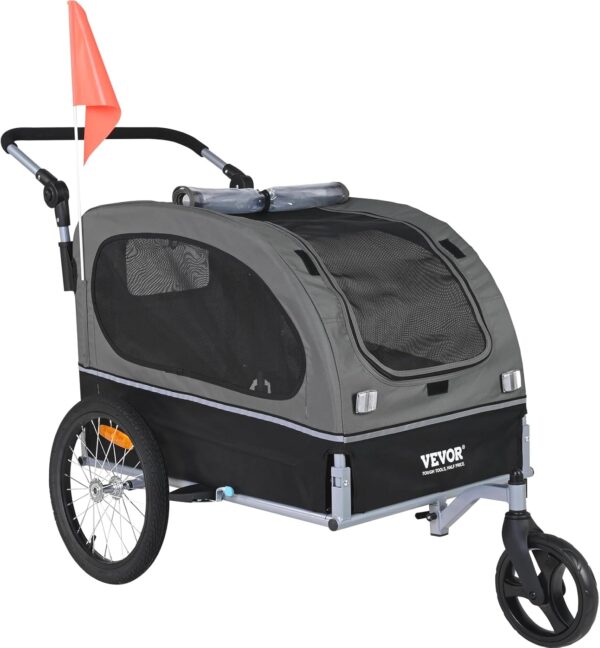 VEVOR Dog Bike Trailer, Supports up to 88 lbs, 2-in-1 Pet Stroller Cart Bicycle Carrier, Easy Folding Cart Frame with Quick Release Wheels, Universal Bicycle Coupler, Reflectors, Flag, Black/Gray - For Sale - Price