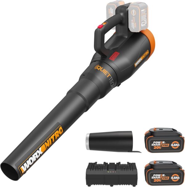 WORX Nitro 40V Cordless Leaf Blower, Quiet Electric Leaf Blower Cordless with Battery and Charger for Lawn Care Up to 180 MPH & 530 CFM, PowerShare, WG581.1