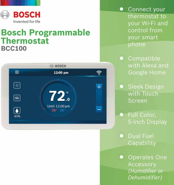 Bosch Large 5-Inch Full-Color Touch Screen Sleek Easy Setup Connected Control Smart Phone Wi-Fi Thermostat for 24V HVAC Systems with Bosch Connected Control App - For Sale - Price - Image 2