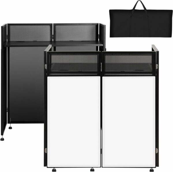 LUCKUP Portable DJ Booth 41"L x 20"W DJ Facade with White & Black Scrim, Foldable DJ Table Station with Adjustable Feet for Party, Black Metal Frame - For Sale - Price