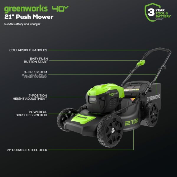 Greenworks LMF413 Inch 40V Cordless Brushless Lawn, 21" Mower (5.0Ah), Green - For Sale - Price - Image 2