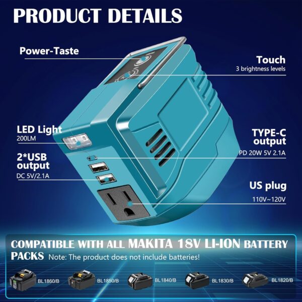 200W Portable Power Inverter for Makita 18V Battery, DC 18V to AC 110-120V, Outdoor Generator Battery Converter, Charger Adapter Battery Powered Outlet with 2 USB Ports, 1 Type-C, 1 AC Outlet - For Sale - Price - Image 2