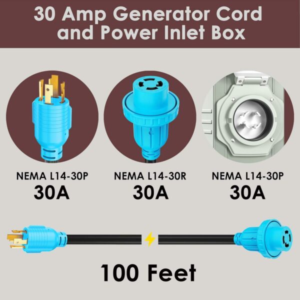 CircleCord 4 Prong 100 Feet 30 Amp Generator Extension Cord and Inlet Box with Locking Connector, Heavy Duty NEMA L14-30P/L14-30R, 125/250V 7500W 10 Gauge SJTW Generator to House Power Cord For Sale - Price - Image 2