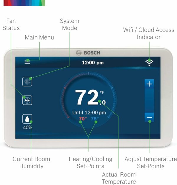 Bosch Large 5-Inch Full-Color Touch Screen Sleek Easy Setup Connected Control Smart Phone Wi-Fi Thermostat for 24V HVAC Systems with Bosch Connected Control App - For Sale - Price - Image 5