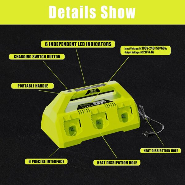 Replacement for Ryobi 18V Battery Charger P135/PCG006, 18V 6-Ports Rapid Charger with 6 LED Indicators, Compatible with Ryobi ONE+ 18 Volt Lithium-Ion Batteries P102-P109, PBP002-PBP1104 Series - For Sale - Price - Image 6