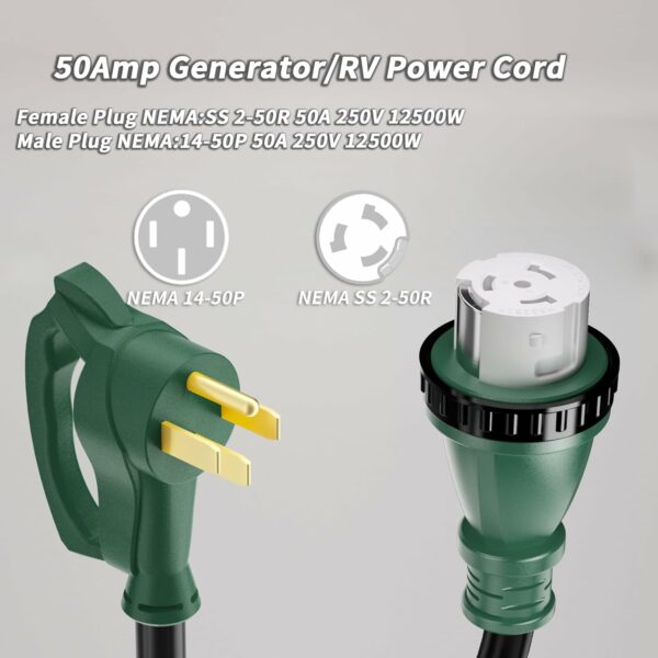 50 Amp Generator Cord, 50FT 50 Amp RV Extension Cord with Twist Lock, Generator Cable 50A 4 Prong Green, NEMA 14-50P/SS2-50R Heavy Duty 6/3+8/1 AWG STW Wire for RV Camper & House For Sale - Price - Image 4