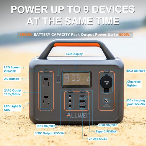 ALLWEI Portable Power Station 300W(Surge 600W), 280Wh Solar Generator with 120V AC Outlet, 78000mAh Backup Lithium Battery Generator for CPAP Outdoor RV Camping Emergency Home Use For Sale - Price - Image 4