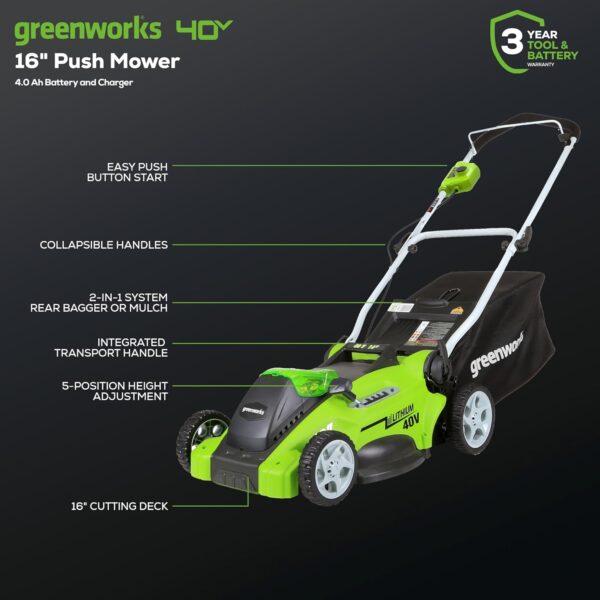 Greenworks 40V 16" Cordless (Push) Lawn Mower (75+ Compatible Tools), 4.0Ah Battery and Charger Included - For Sale - Price - Image 2