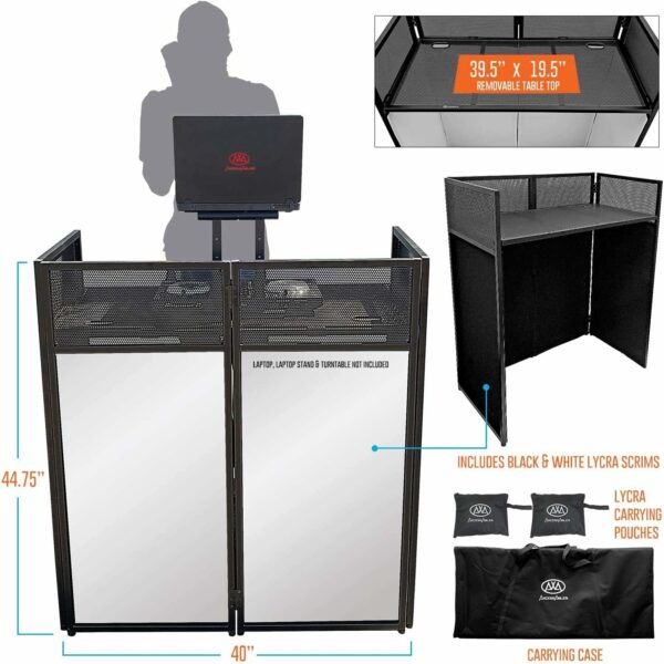 AxcessAbles Portable DJ Facade Booth with Black and White Lighting Scrims, Carry Cases | Standing DJ Table - 40" x 20" | DJ Controller Stand | Recording Mixer Stand| DJ Booth (ES-01) - For Sale - Price - Image 2