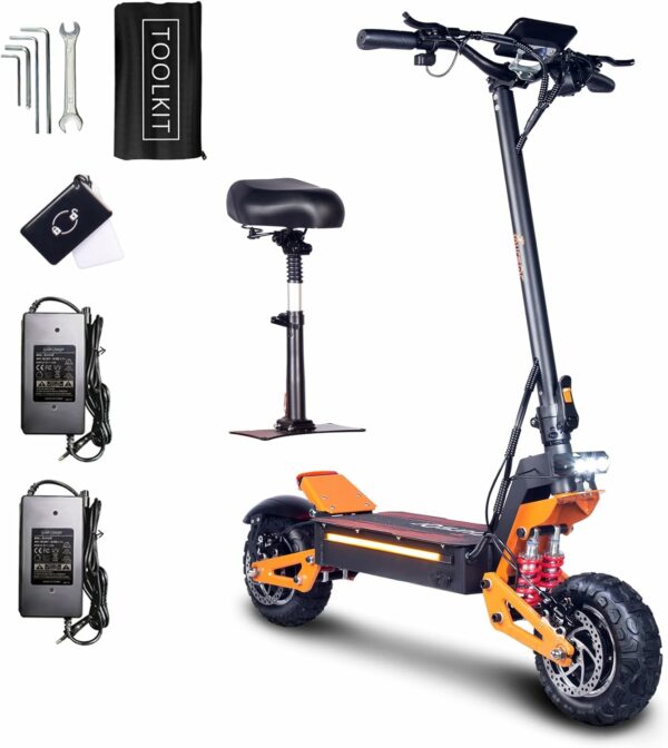 Adult Electric Scooter, 60V 6000W Front and Rear Dual Power, 11” Off-Road Tires for Street Commuting and Extreme Terrain Off-Road, Dual Brake System, Color LED Lights - For Sale - Price