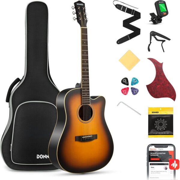 Donner Acoustic Guitar for Beginner Adult Full Size Cutaway Acustica Guitarra Bundle Kit with Free Online Lesson Bag Strap Tuner Capo Pickguard String Pick, Right Hand 41”Sunburst, DAG-1CS/DAD-160CS - For Sale - Price