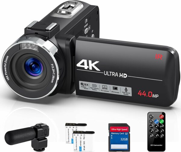 4K Video Camera Camcorder Ultra 44MP Vlogging Camera for YouTube 18X Digital Zoom Camcorder 3.0" IPS Screen IR Night Vision with External Mic, Controller, 2 Batteries and 32G SD Card - For Sale - Price