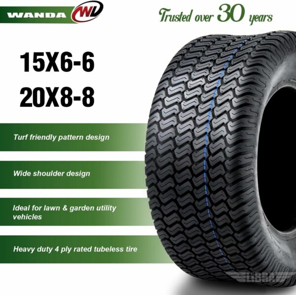 WANDA (Set 4) 15X6-6 & 20X8-8 Lawn Mower Tractor Cart Turf Tires 4 Ply-13016/13035 - For Sale - Price - Image 2