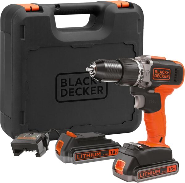 BLACK+DECKER BCD003ME2K-QW Cordless Impact Drill - 18 V - 2 x 2.5 Ah - 45 Nm - 1400 RPM - 21,000 Cps/min - 2 Speeds - 2 Batteries - Charger Included - Delivered in Box, Price For Sale