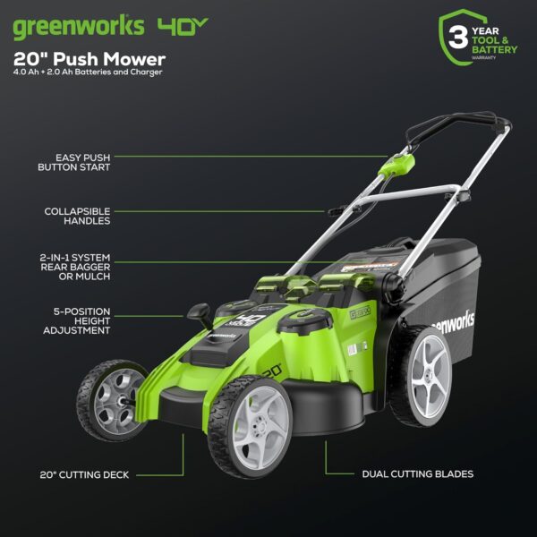 Greenworks 40V 20" Twin Blade Mower, 4.0Ah + 2.0Ah Battery - For Sale - Price - Image 2