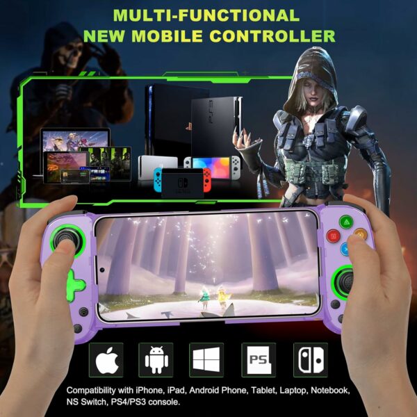 Phone Game Controller for iPhone/Android/PC/Switch, Play COD, Genshin,Support Streaming on PS5/Xbox/PC Console, Cloud Gaming Wireless Gamepad Joystick, Turbo/6-Axis Gyro/Dual Motor, Green Light,Purple - For Sale - Price - Image 2