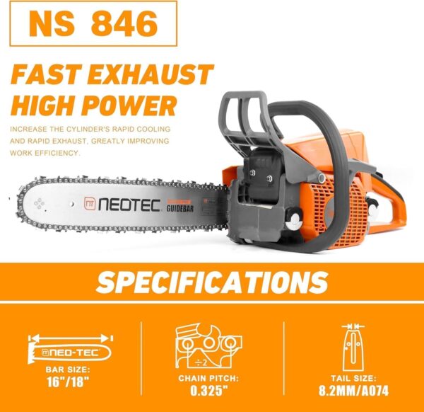 NEOTEC 45.4cc Gas Chainsaw, NS846 Powerhead with 16 Inch Guide Bar and Chain, Power Chain Saw 3.0 HP 2,24KW, All Parts Compatible with MS250 MS230 MS210 025 023 025 Chainsaw - For Sale - Price - Image 2