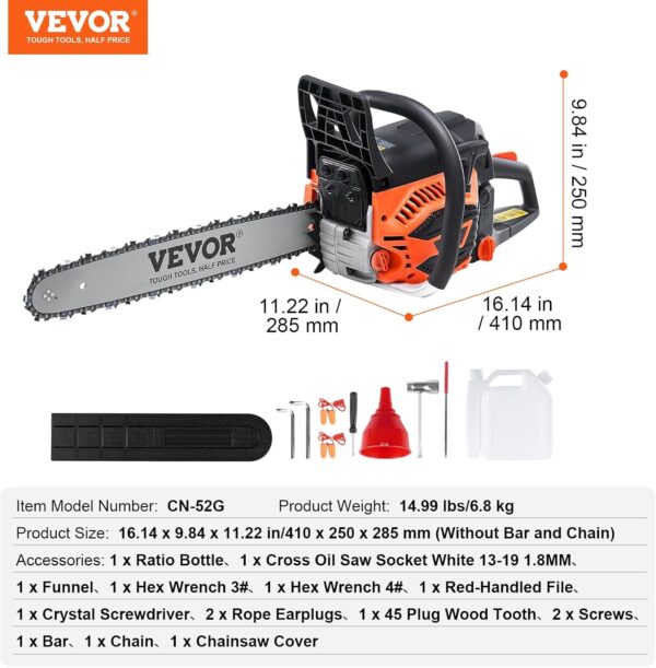 VEVOR Gas Chainsaw 52CC 2-Cycle Gasoline Powered Chainsaw 18 Inch Handheld Cordless Petrol Chain Saws For Forest, Wood, Garden and Farm Cutting Use - For Sale - Price - Image 7