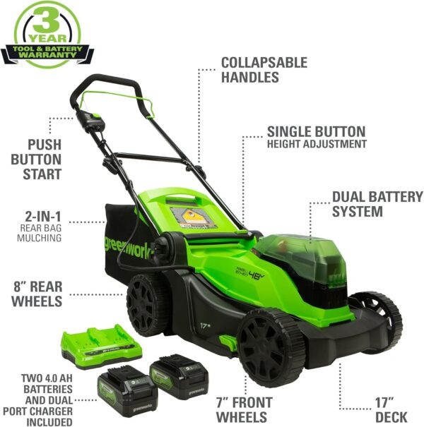 Greenworks 48V (2 x 24V) 17" Cordless (Push) Lawn Mower (125+ Compatible Tools), (2) 4.0Ah Batteries and Dual Port Rapid Charger Included - For Sale - Price - Image 2