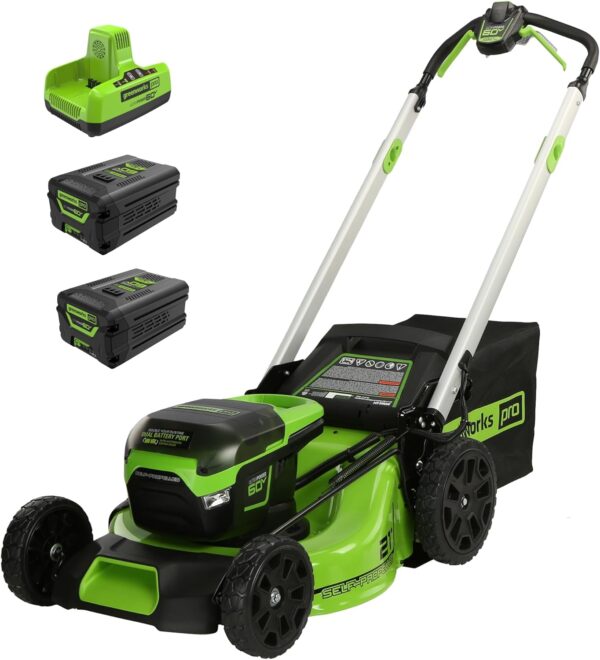 Greenworks 60V 21” Cordless (Self-Propelled) Lawn Mower (LED Lights + Aluminum Handles), 2 x 4.0Ah Batteries and Dual Port Rapid Charger - For Sale - Price