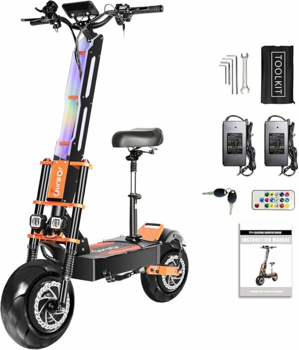 Adult Electric Scooter with Seat, 60V 8000W Dual Power, Orange Finger Hook Vertical Handlebar with LCD E Scooter, 340lb Capacity, 13" On-Road Tires for Commuting and Extreme Terrain. - For Sale - Price